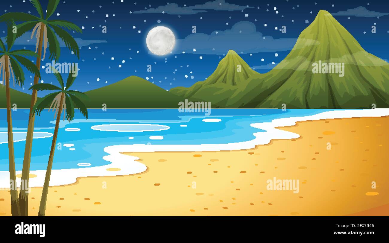 Scène de paysage de plage de nuit avec illustration de palmiers Illustration de Vecteur
