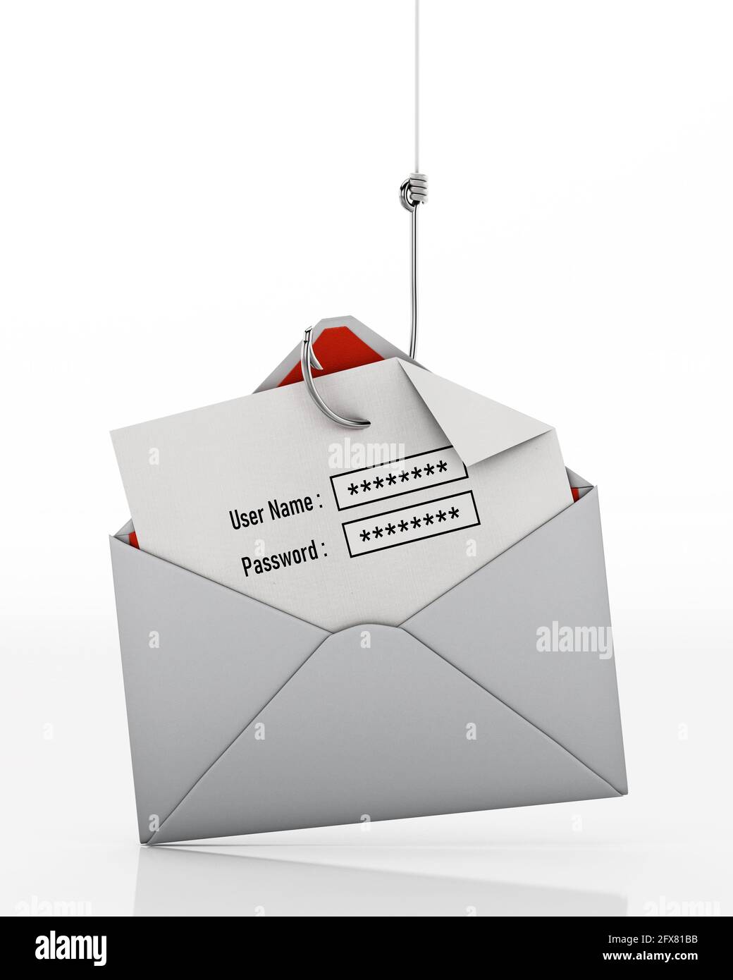 Crochet de poisson volant les zones de texte de nom d'utilisateur et de mot de passe sur le papier à l'intérieur d'une enveloppe. Illustration 3D. Banque D'Images