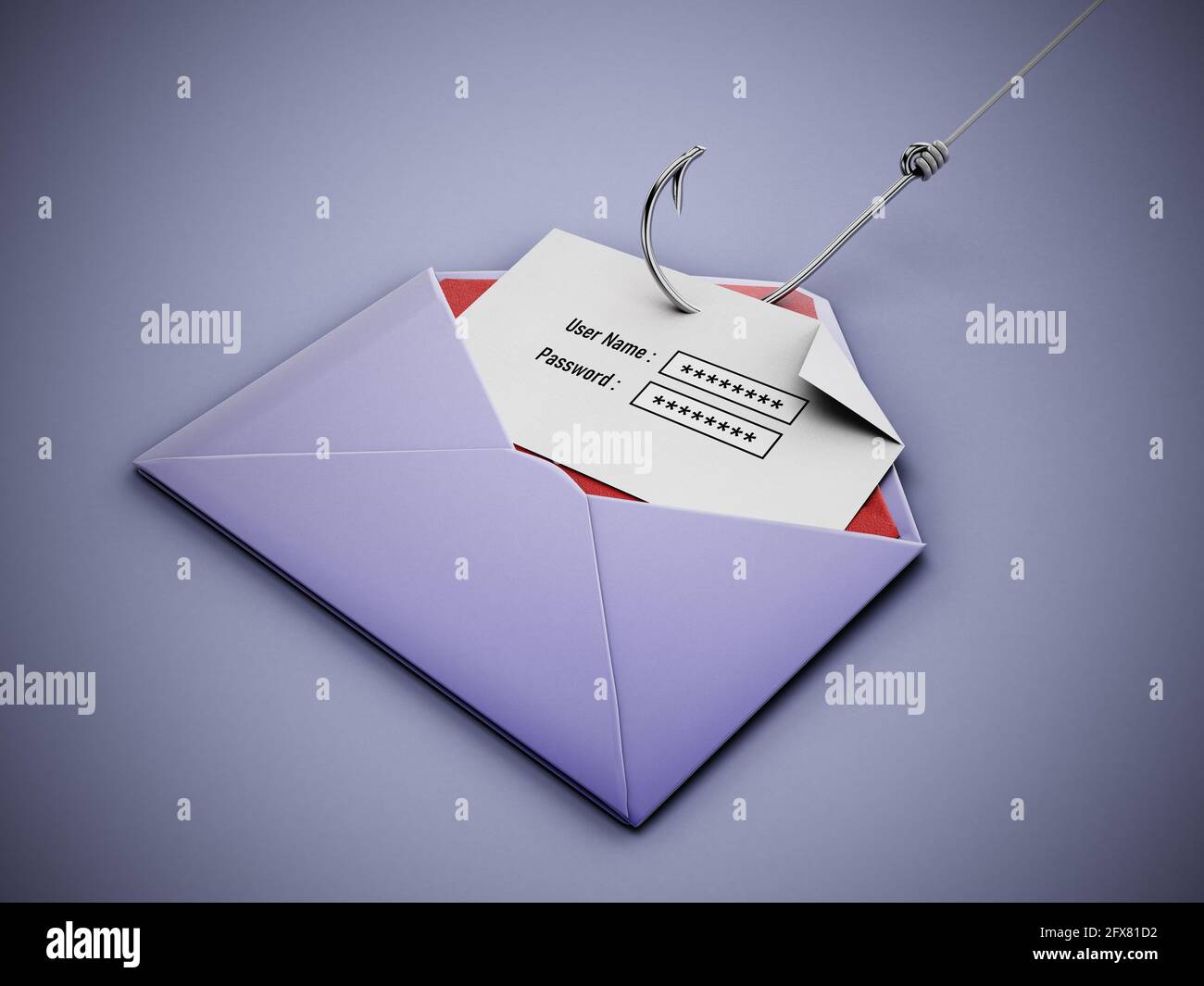 Crochet de poisson volant les zones de texte de nom d'utilisateur et de mot de passe sur le papier à l'intérieur d'une enveloppe. Illustration 3D. Banque D'Images