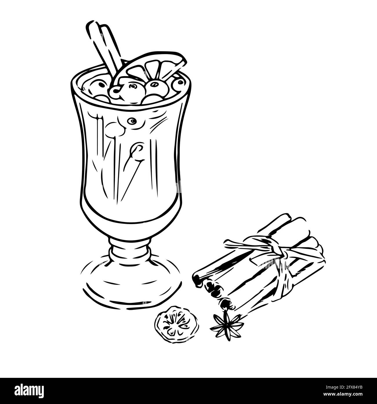 Illustration du vin chaud tiré à la main avec épices. Isolé sur fond blanc. Illustration de Vecteur