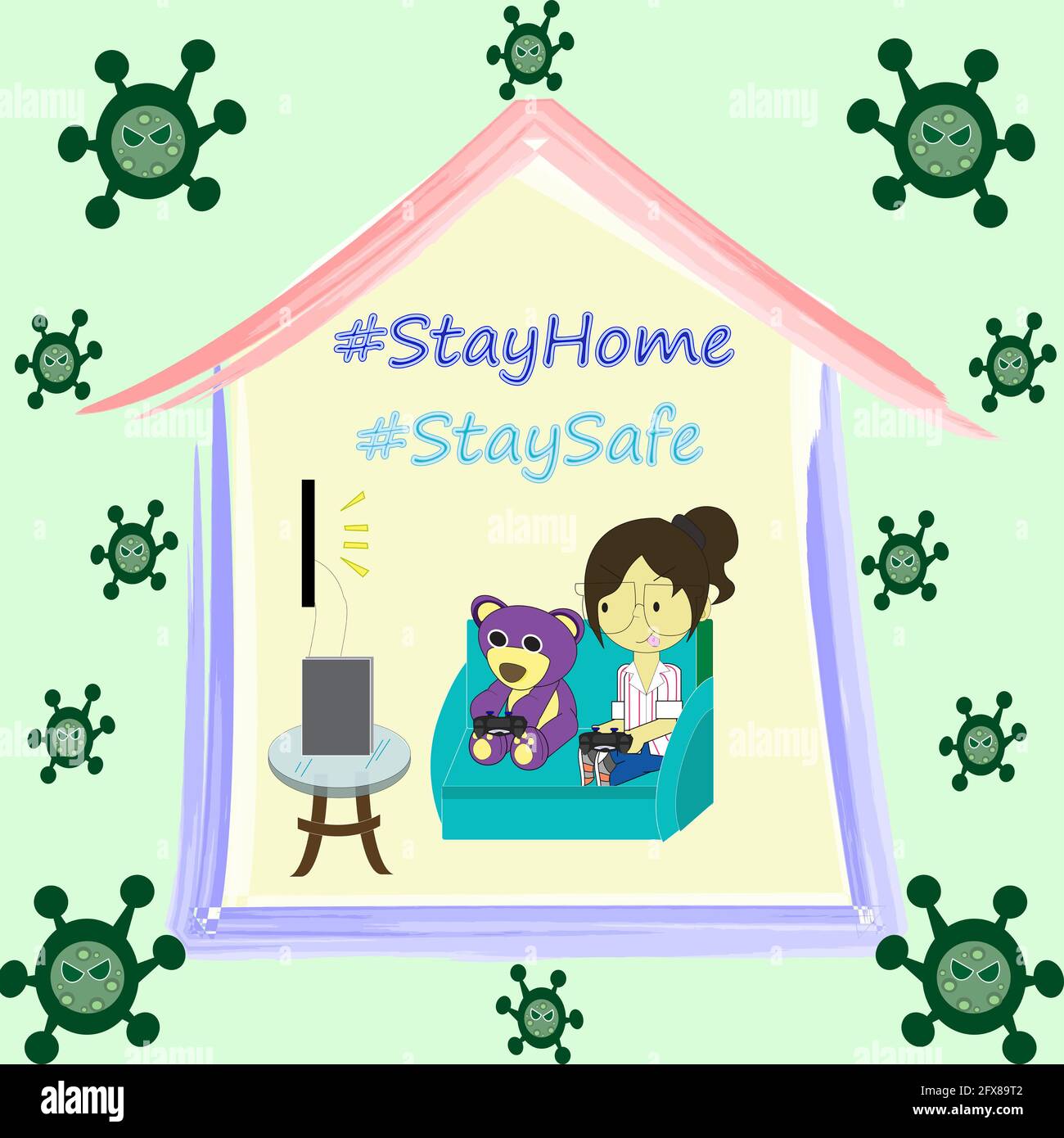 Restez à la maison, restez en sécurité avec l'ours de M. Purple et son ami Banque D'Images