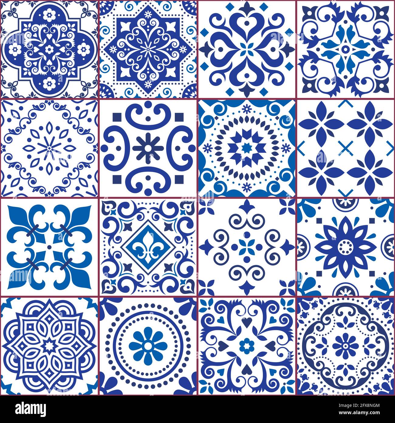 Collection de carreaux azulejo portugais et espagnol à motif vectoriel en bleu marine et blanc, motif floral traditionnel grand ensemble inspiré de l'art du carrelage Illustration de Vecteur