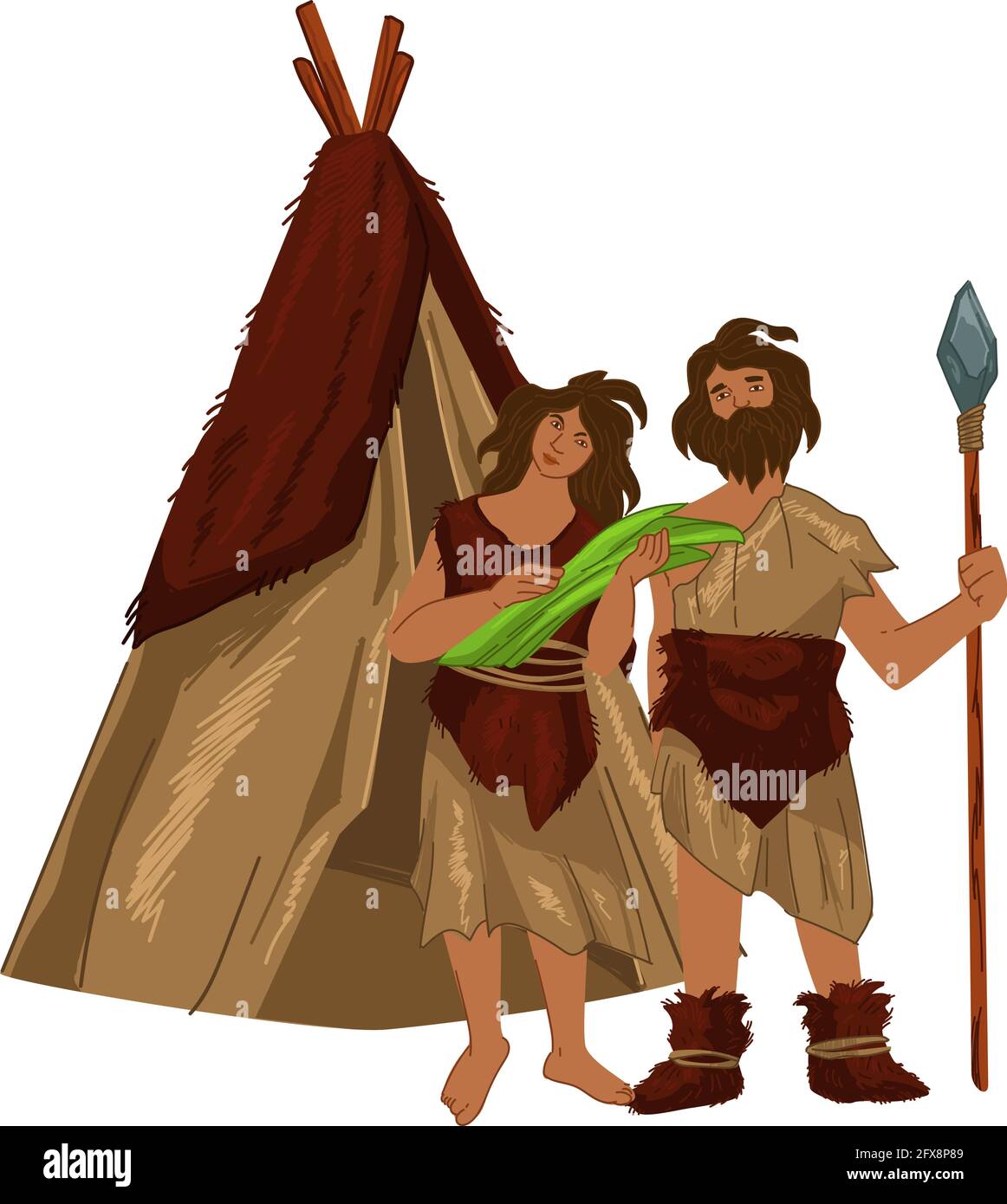 Culture préhistorique, homme et femme anciens en cabane Illustration de Vecteur