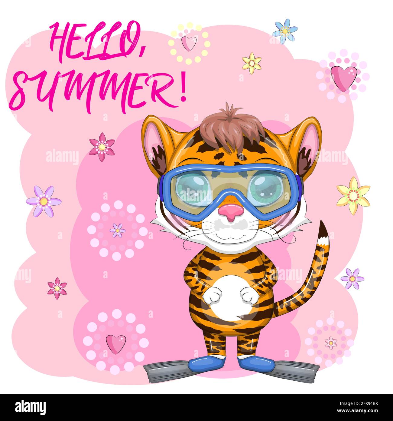 Dessin animé tigre portant des lunettes de protection et des palmes de natation, l'été arrive. Vacances, mer, repos. Stylistique pour enfants, mignon. Symbole du nouvel an 2022 Illustration de Vecteur