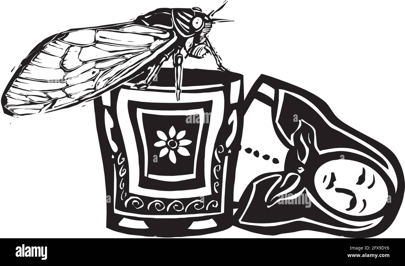 Image de style expressionniste de la brood X Cicada émergeant de une poupée russe imbriquée Illustration de Vecteur