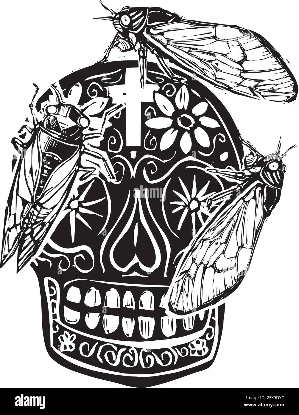 Image de style expressionniste de coupe de bois de bromod X cigadas rampant sur un jour du crâne de sucre mort Illustration de Vecteur