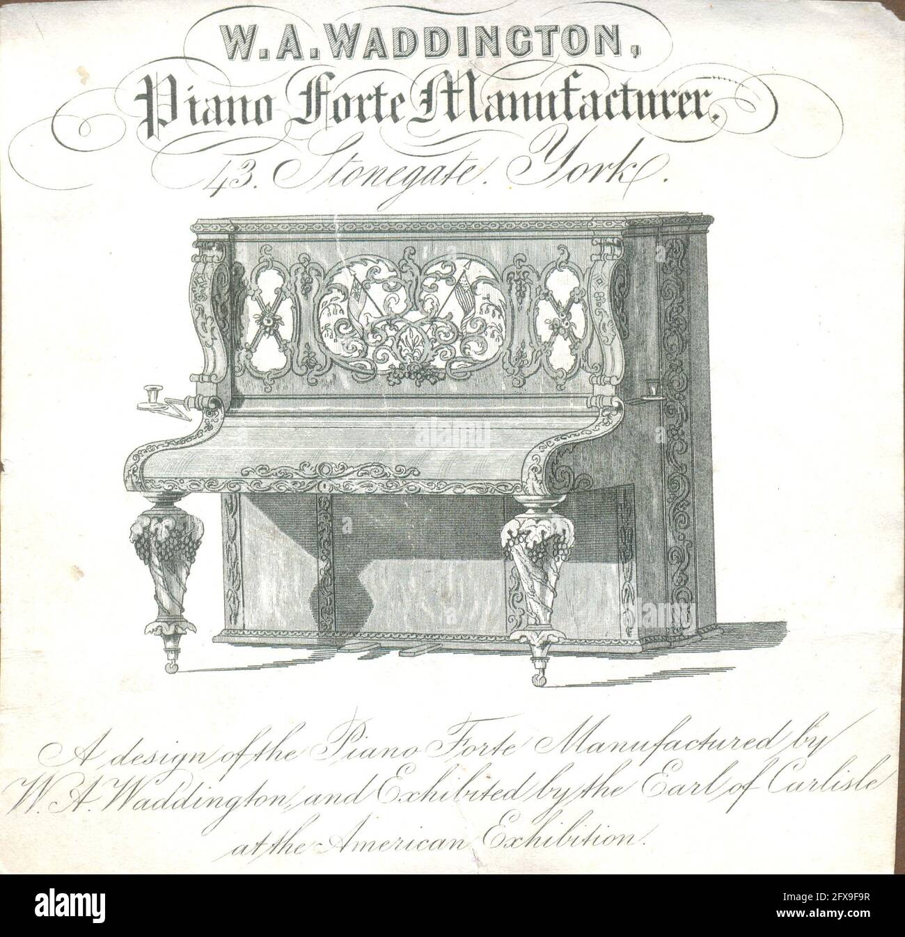 Carte de commerce gravée pour W A Waddington Piano forte Fabricant, 43, Stonegate, York vers 1860 Banque D'Images
