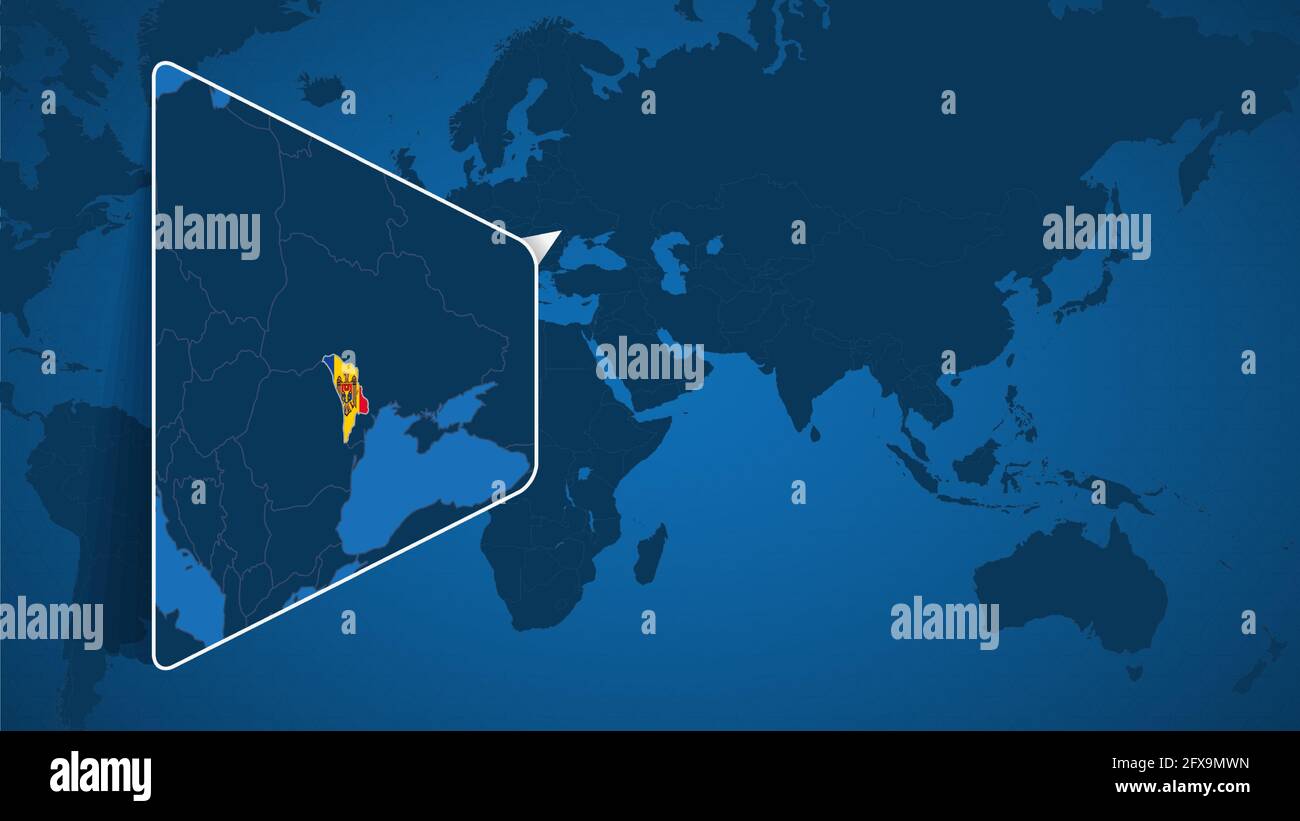 Emplacement de la Moldavie sur la carte du monde avec carte élargie de la Moldavie avec drapeau. Modèle de vecteur géographique pour votre conception. Illustration de Vecteur