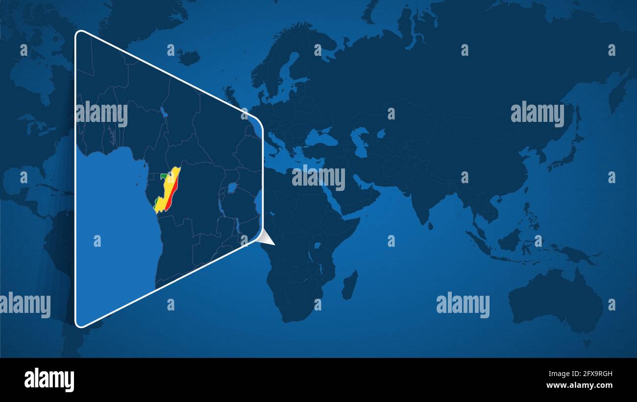 Situation du Congo sur la carte du monde avec la carte élargie du Congo avec drapeau. Modèle de vecteur géographique pour votre conception. Illustration de Vecteur