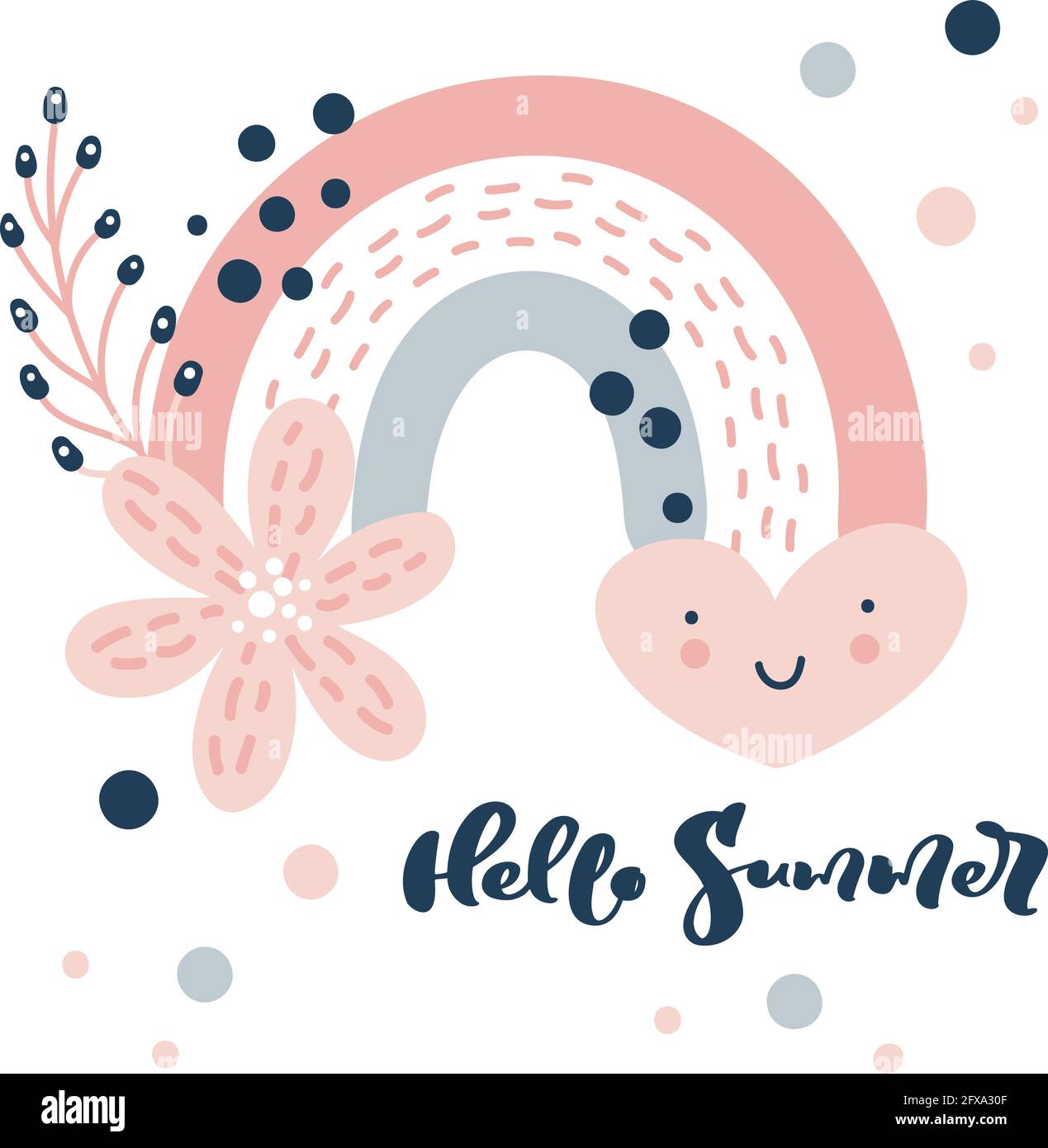 Affiche Vector arc-en-ciel avec coeur et points de pluie dans la bande dessinée texte de style scandinave hello été et bouquet de fleurs isolé arrière-plan blanc pour Illustration de Vecteur