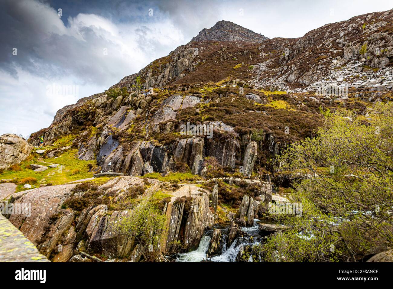 Partie supérieure des chutes Ogwen depuis le pont Pont Pen-y-Benglog, Llyn Ogwen, parc national de Snowdonia, pays de Galles. Banque D'Images