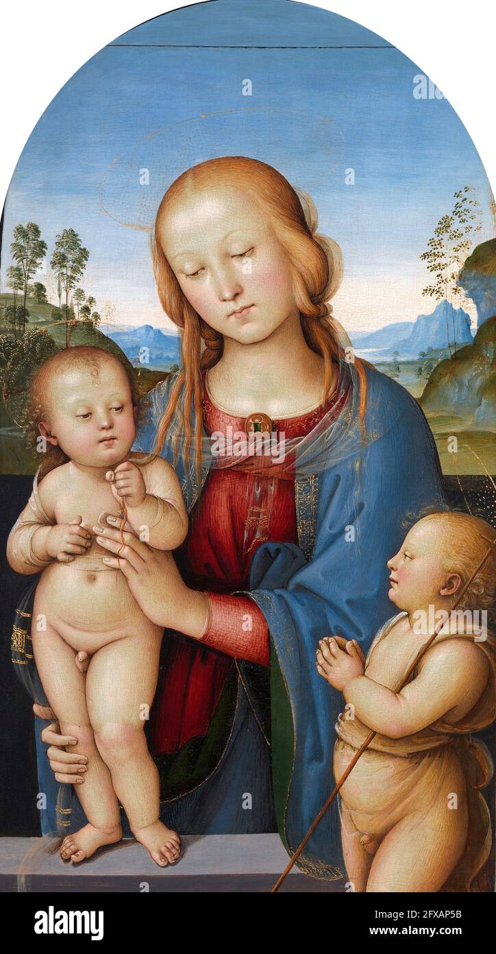 La Vierge et l'enfant avec Saint Jean par le disciple de Pietro Perugino (Pietro Vannucci : c.1450-1523), tempera sur peuplier, c.1480-1500 Banque D'Images