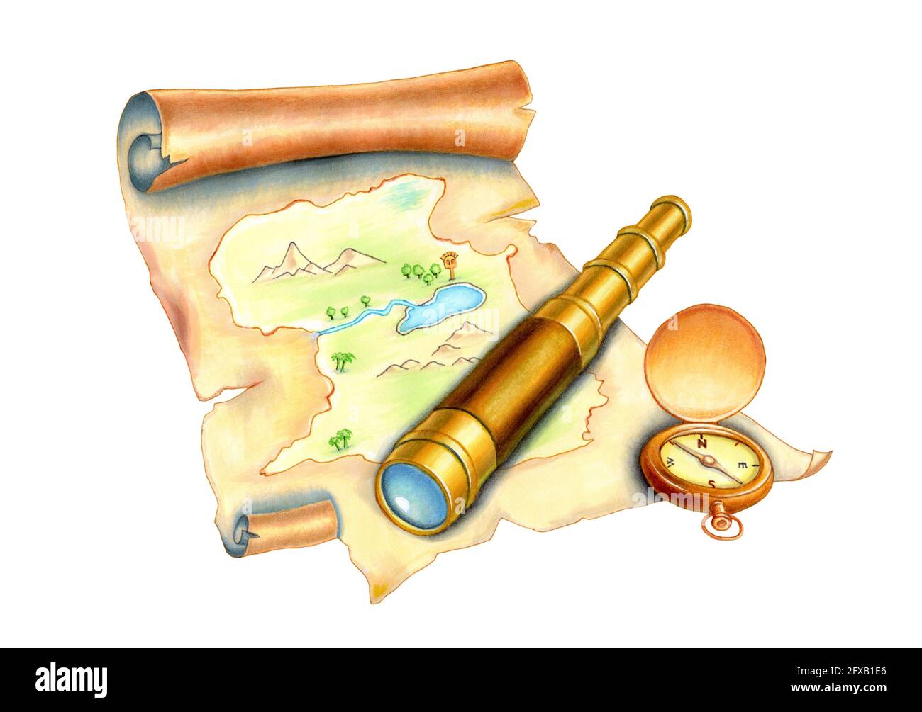 Ancienne carte de l'île avec boussole et télescope. Illustration de supports mixtes. Banque D'Images