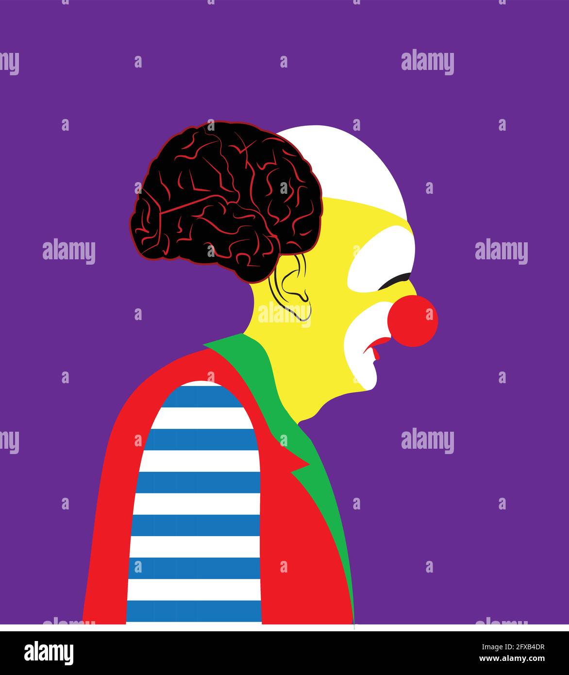 illustration d'un clown déprimé avec la coiffure en forme de cerveau, sur fond violet Illustration de Vecteur