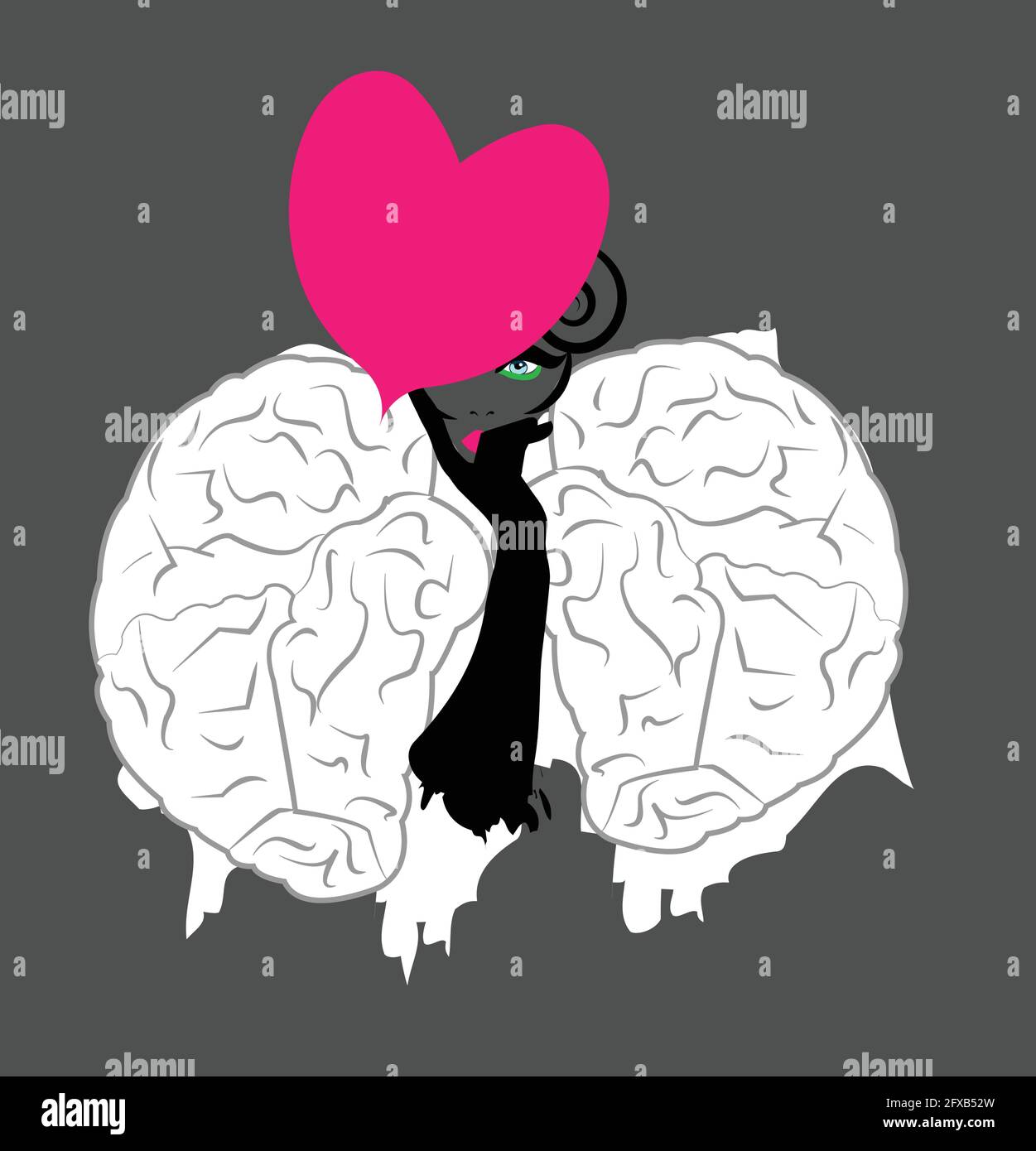 illustration d'un modèle avec un chapeau dans la forme d'un coeur rose et d'un manteau en forme d'un cerveau Illustration de Vecteur