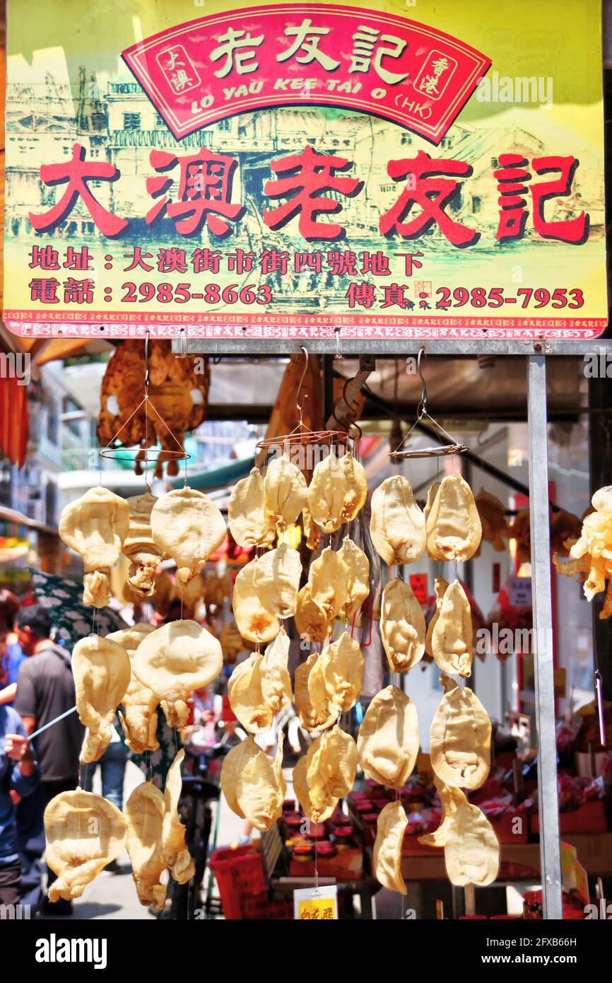 HONG KONG-APR. 10, 2011: Des musaraignes de poisson séchées pendent sur un panneau de marché de rue à Tai O, île Lantau. Il s'agit de spécialités de fruits de mer populaires à utiliser comme ingred Banque D'Images