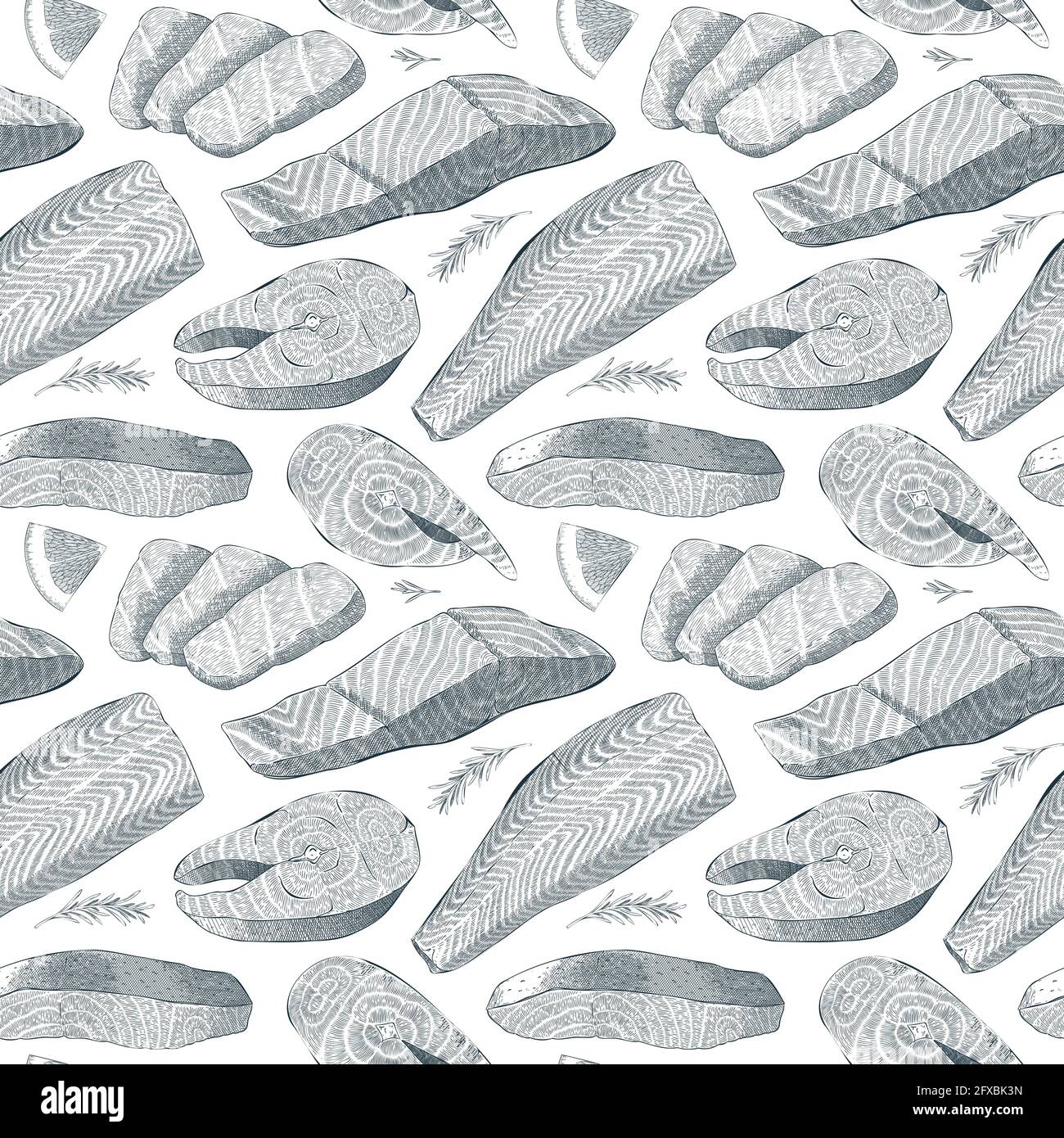 Saumon motif de fruits de mer, encre illustration réaliste de poisson de mer, filet de saumon, steak, ingrédients de cuisson détaillés, l'art de hacher, sans couture Illustration de Vecteur