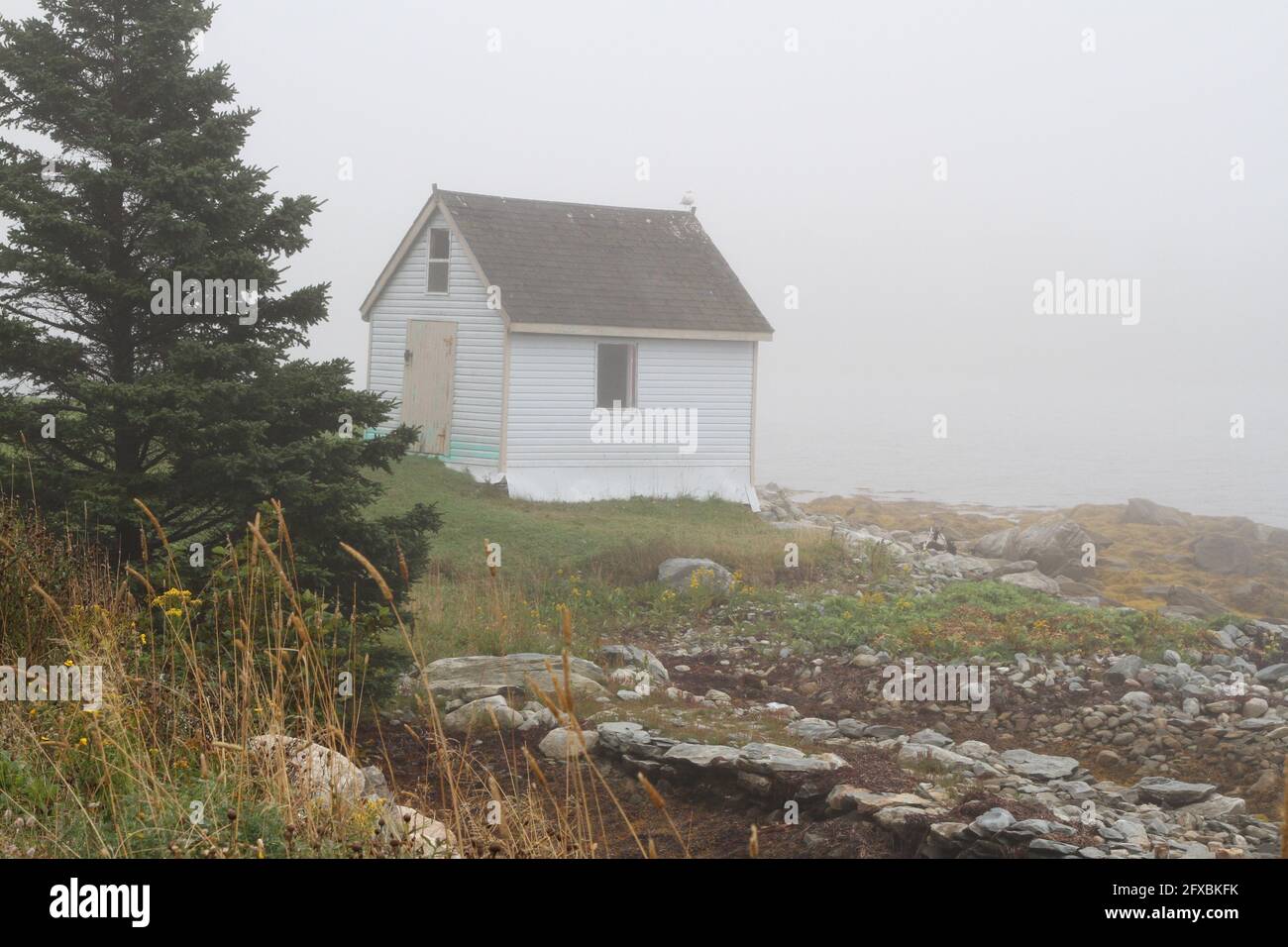 Petite cabine sur une colline dans un brouillard Banque D'Images