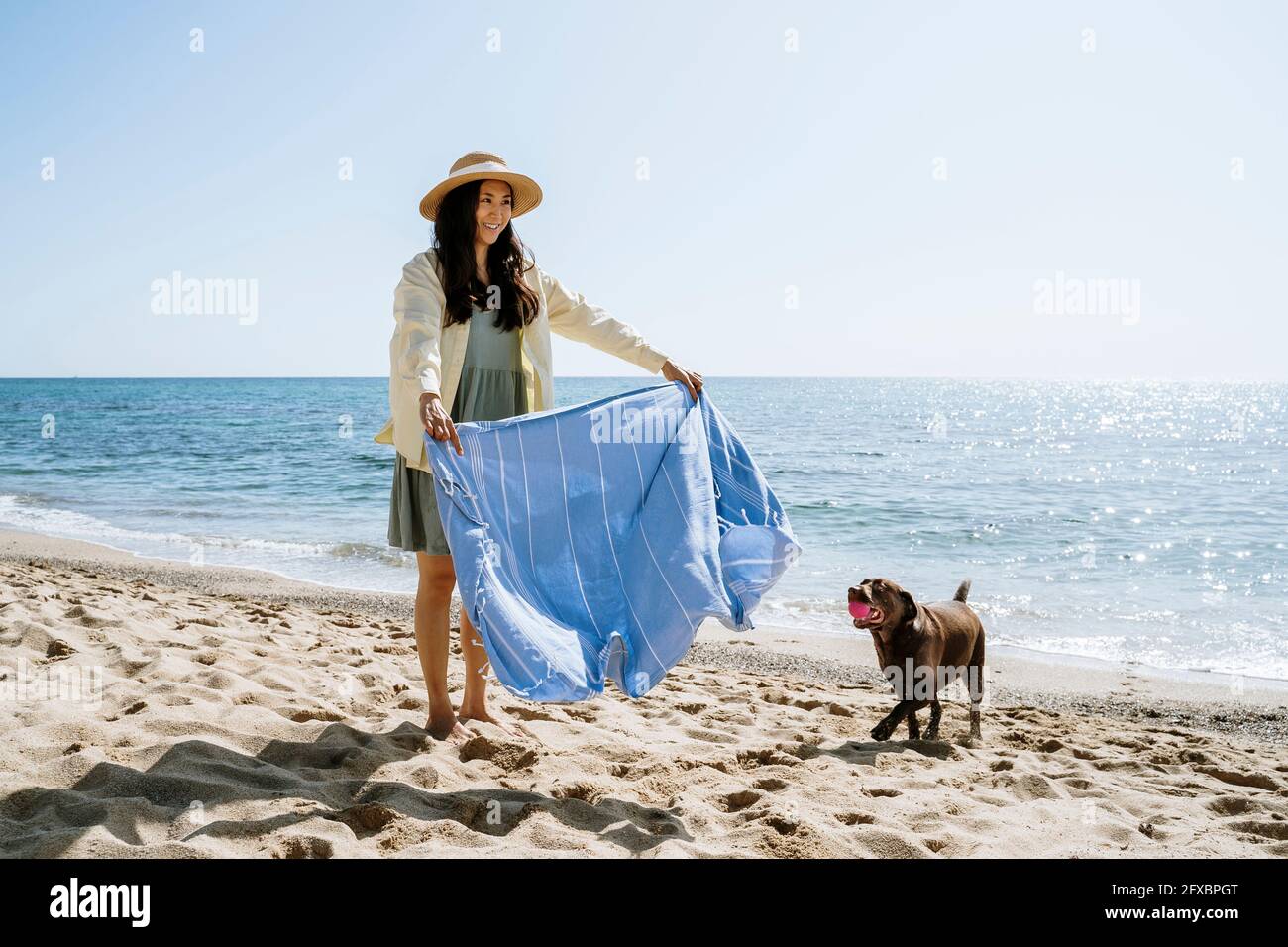 Femme souriante tenant un chiffon près d'un chien sur le sable à la plage Banque D'Images