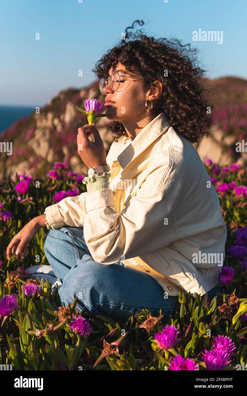 Jeune femme aux cheveux bouclés qui sent carpobrotus edulis Banque D'Images