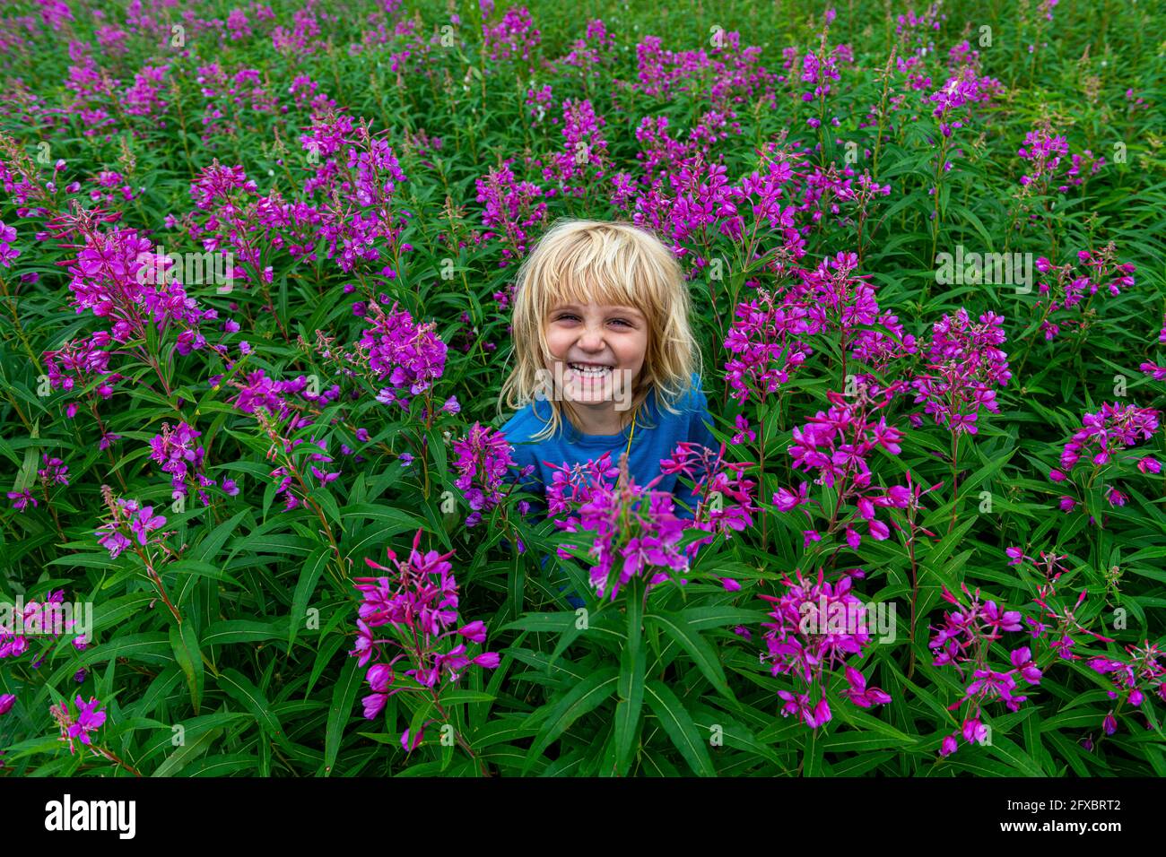 Fille souriante au milieu d'un champ de fleurs en fleurs Banque D'Images