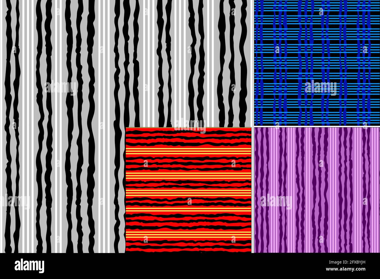 Les lignes irrégulières et droites se contrastent l'une avec l'autre. Un motif - quatre options. Motifs sans couture. Illustration de Vecteur