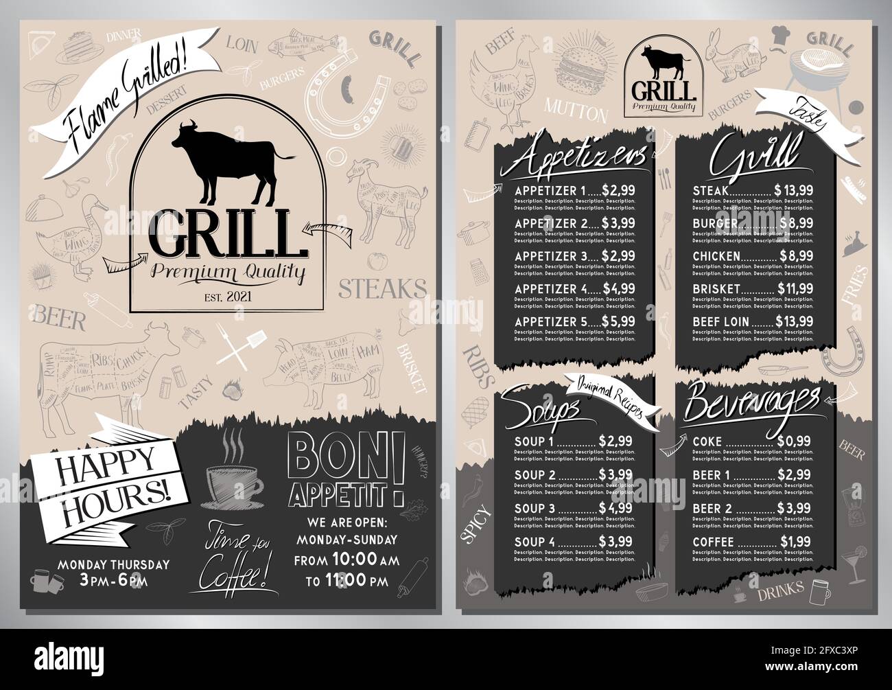 Steak House, grille de menu - carte A4 (hors-d'œuvre, grill, soupes, boissons) Illustration de Vecteur