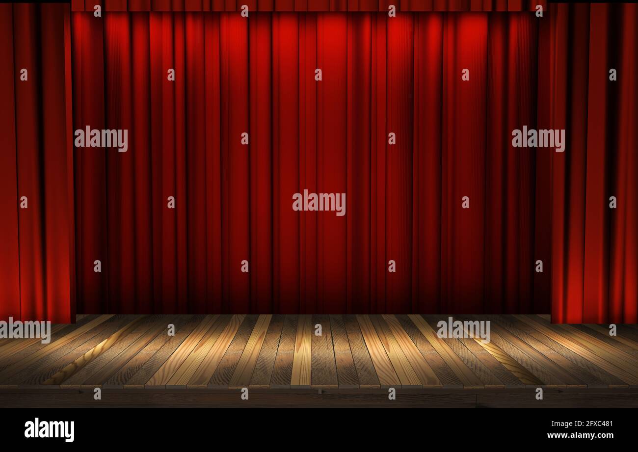 Scène théâtrale avec rideau rouge, prête pour un spectacle. Arrière-plan du spectacle virtuel de rendu 3D Banque D'Images