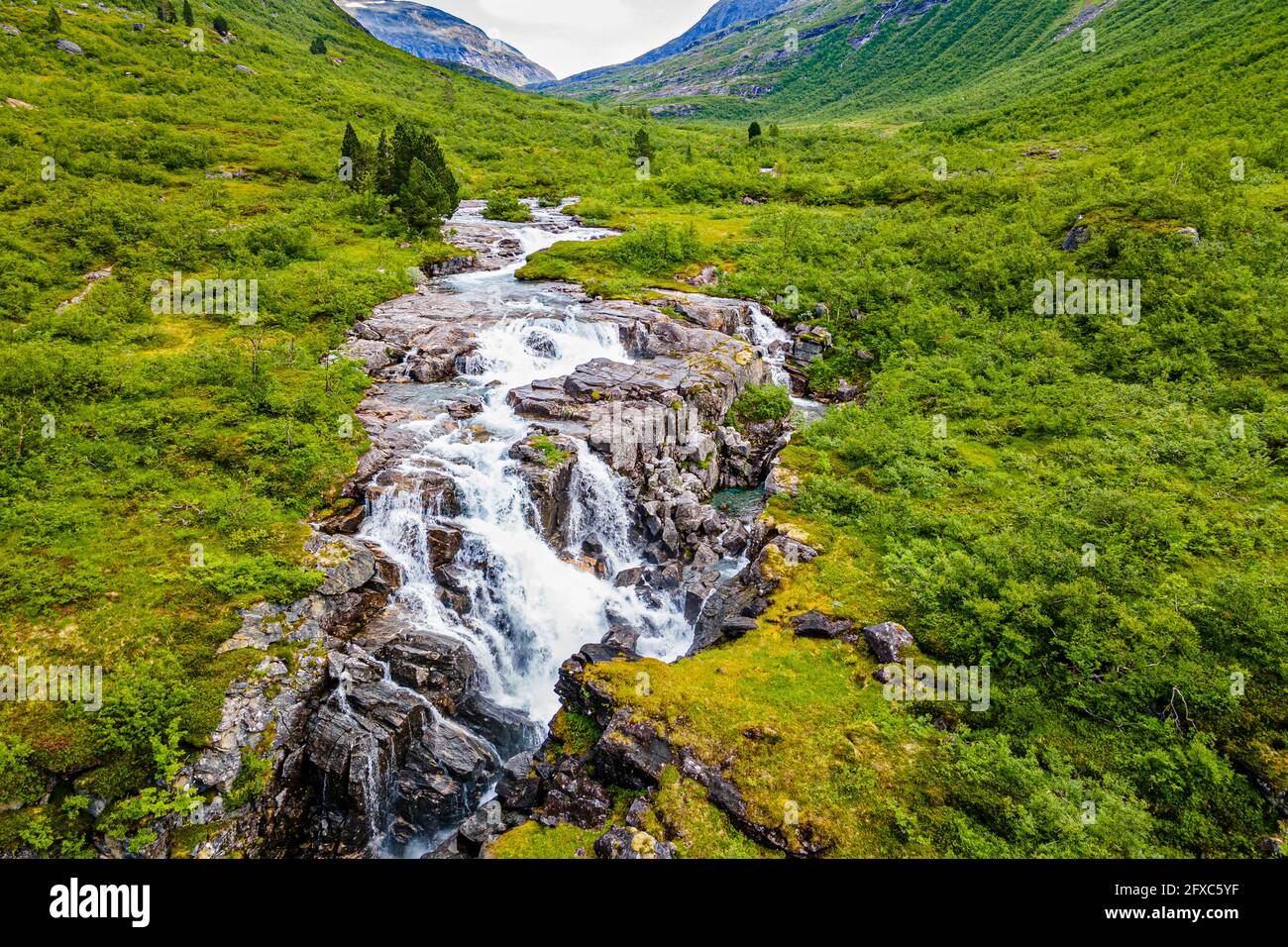 Chute d'eau qui coule à travers des rochers dans la vallée de montagne verte Banque D'Images