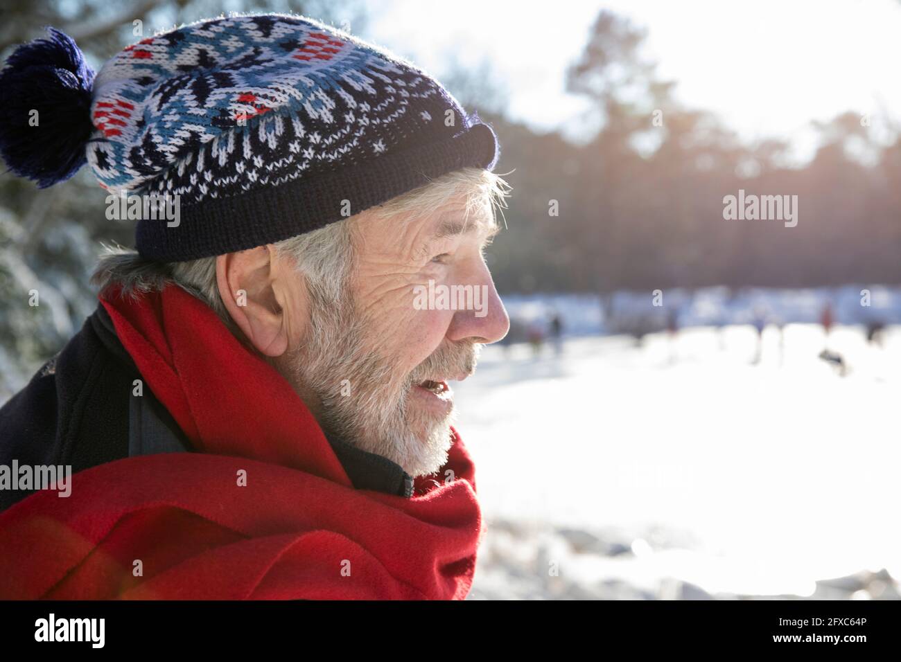 Homme senior avec écharpe rouge et chapeau tricoté pendant la journée ensoleillée en hiver Banque D'Images