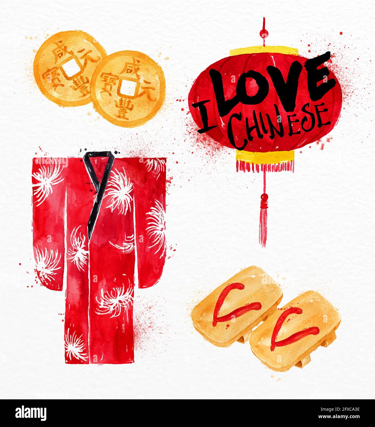 Symboles chinois feng shui pièce de monnaie chinoise, kimono, lanterne en papier rouge, tongs chinois dessinant avec des gouttes et des éclaboussures sur fond de papier aquarelle Illustration de Vecteur