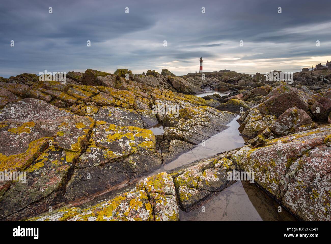 Rochers à Buchan Ness promontoire avec phare à Boddam Aberdeenshire Scotland UK sur la mer du Nord. Banque D'Images