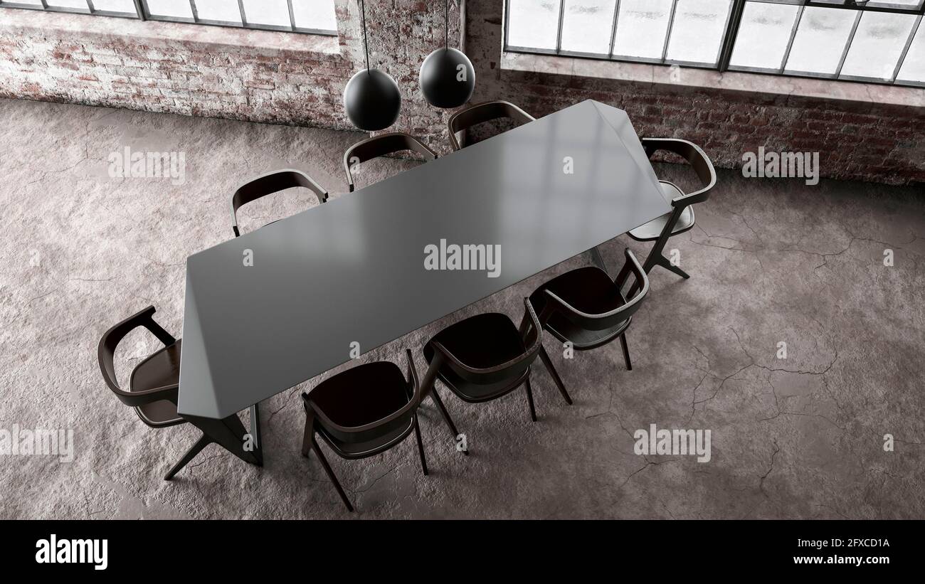 Rendu tridimensionnel d'une table à manger moderne à l'intérieur d'un loft industriel Banque D'Images