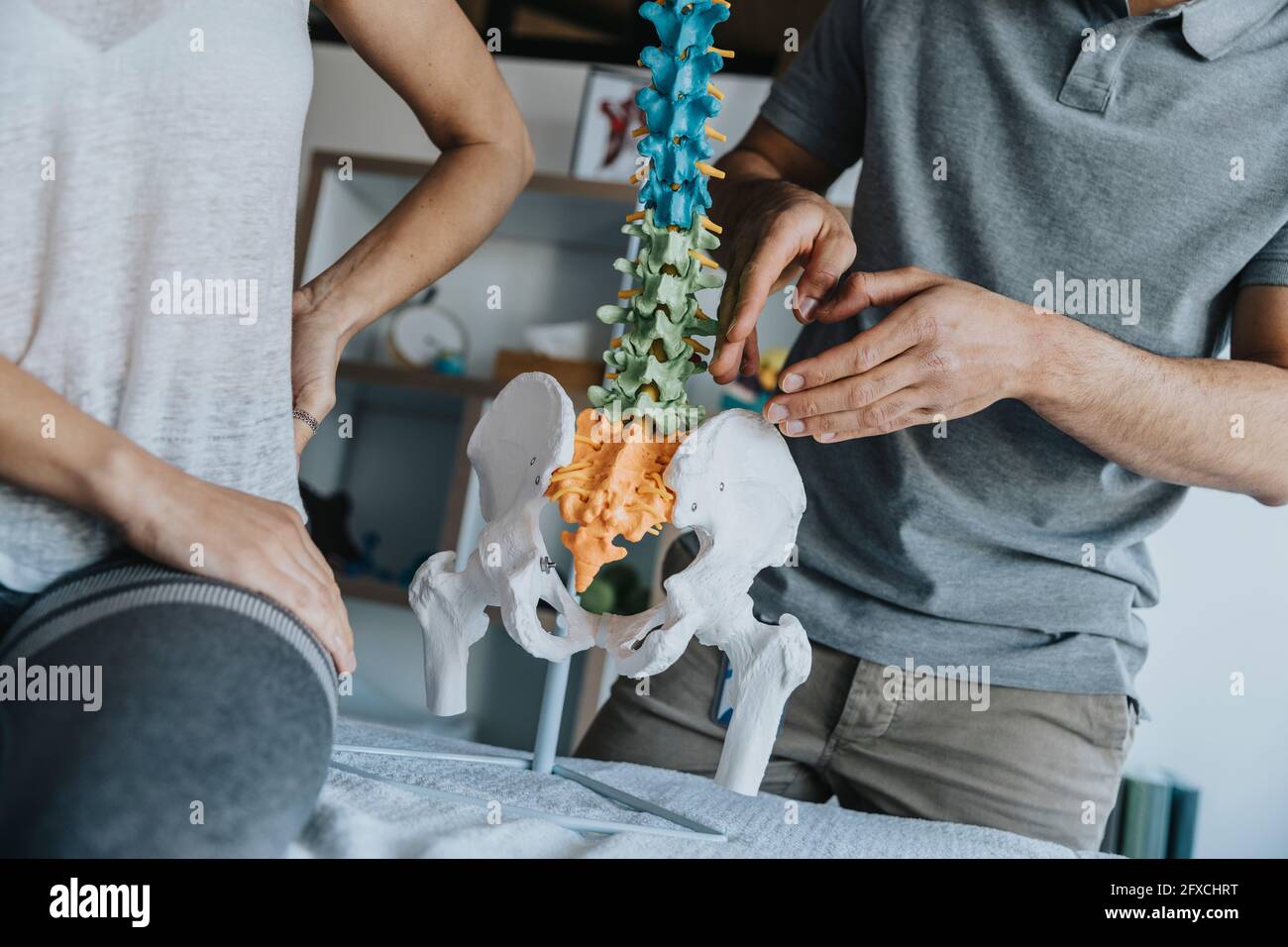 Physiothérapeute masculin expliquant le modèle de la colonne vertébrale et de la hanche à la patiente en pratique Banque D'Images