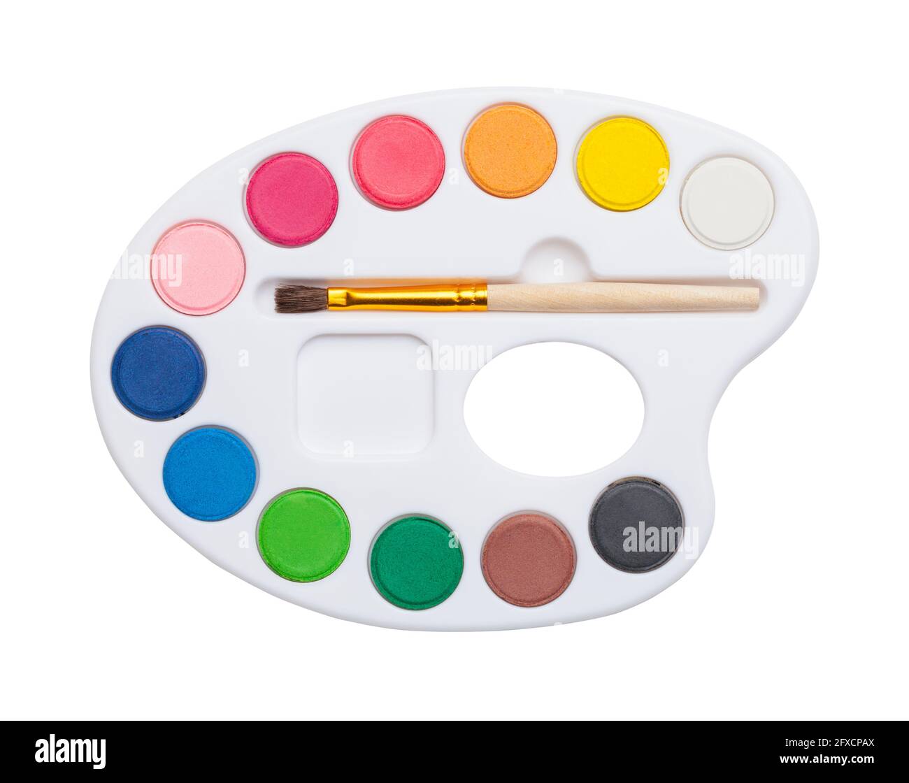 Palette de peinture d'artiste avec aquarelles et découpe au pinceau. Banque D'Images