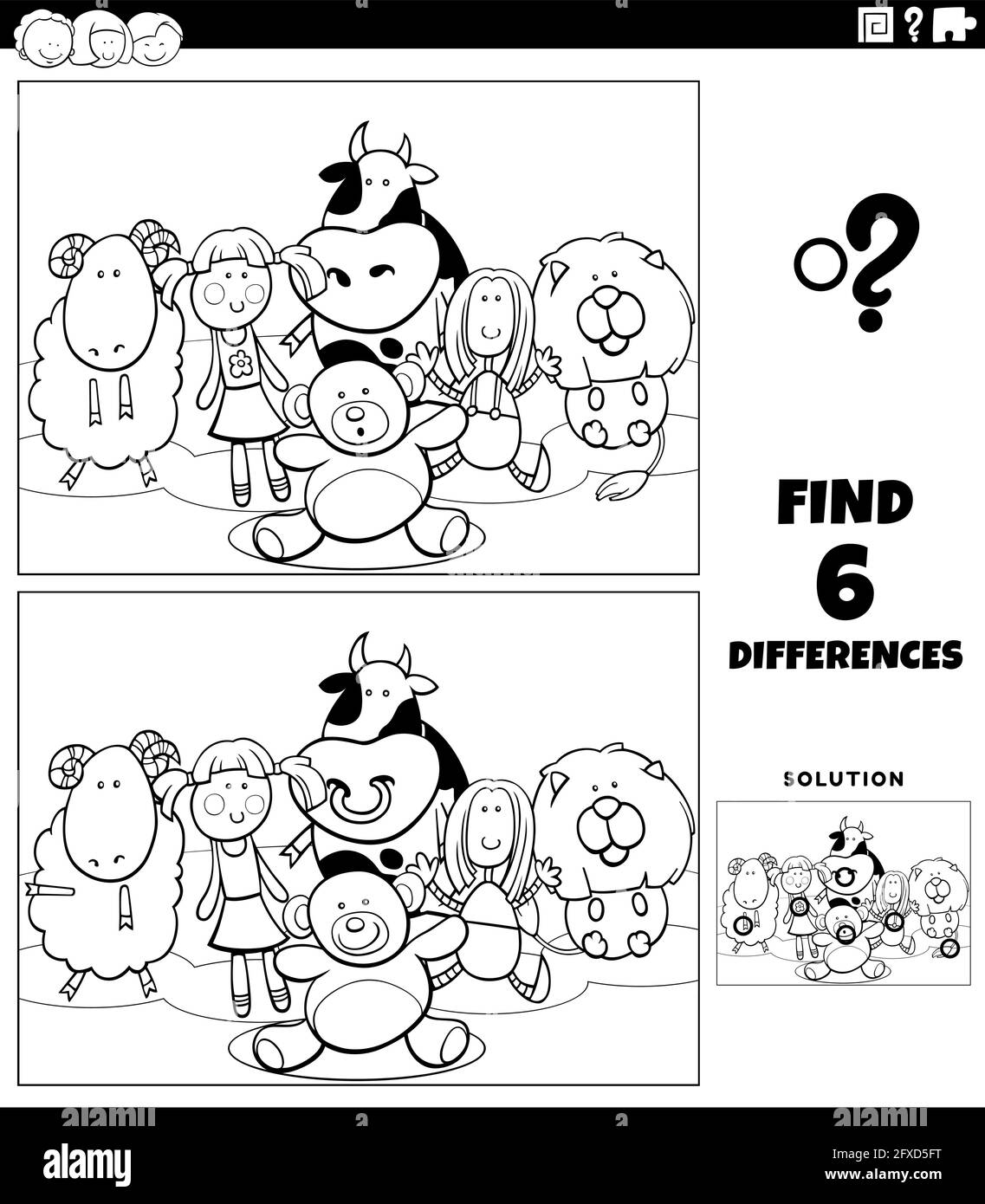 Illustration de dessin animé noir et blanc de la recherche des différences entre images jeu éducatif pour les enfants avec le groupe de personnages de jouets cânés couleur Illustration de Vecteur