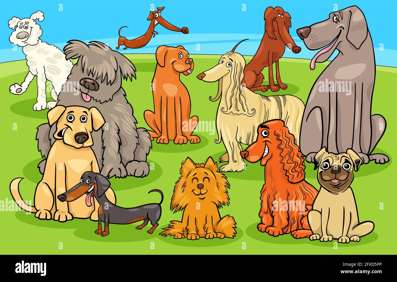 Illustration de dessins animés de chiens de race et de personnages d