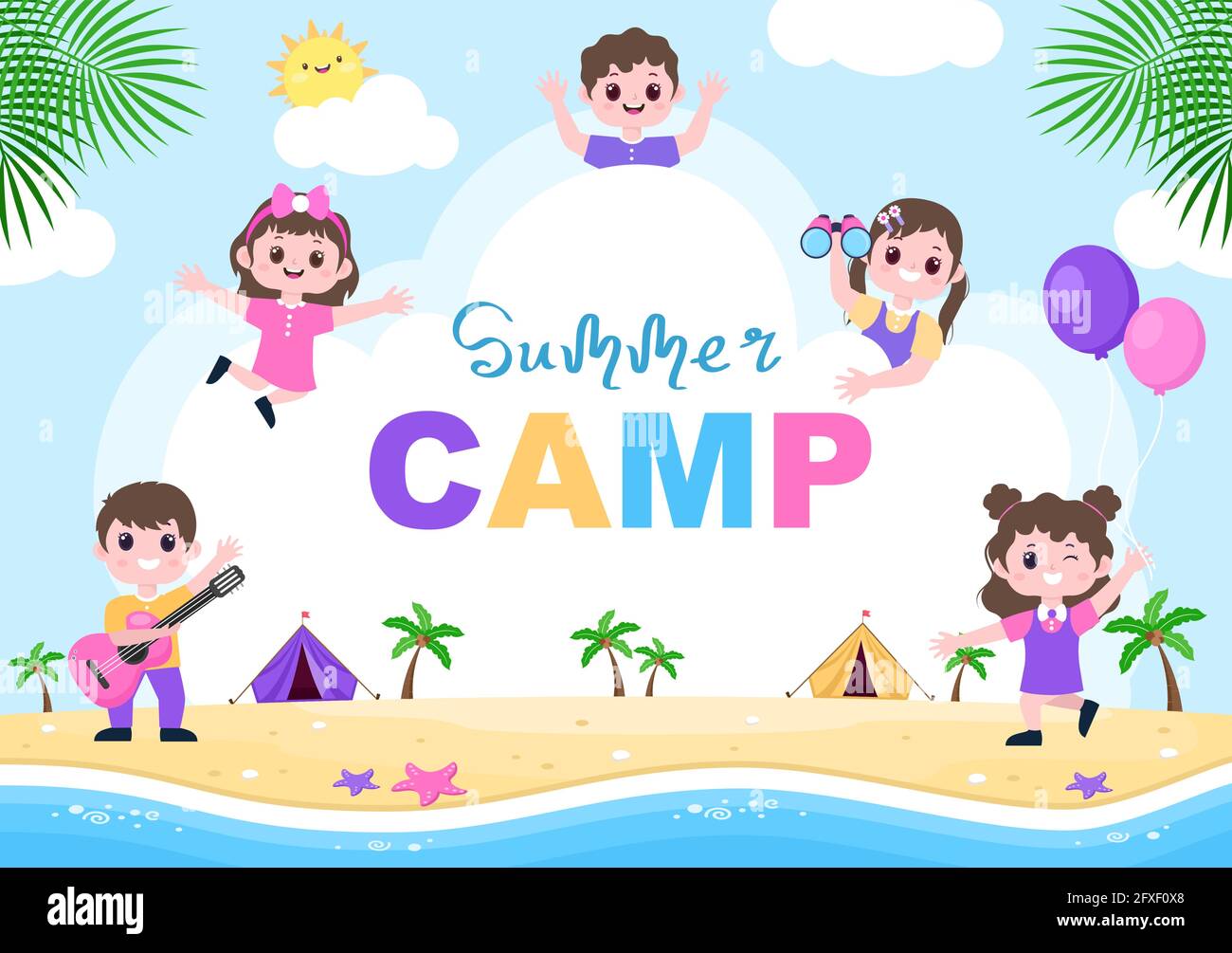 Happy Summer Camp dans la plage pour l'expédition, le voyage, l'exploration et les loisirs en plein air. Illustration d'arrière-plan paysage Illustration de Vecteur