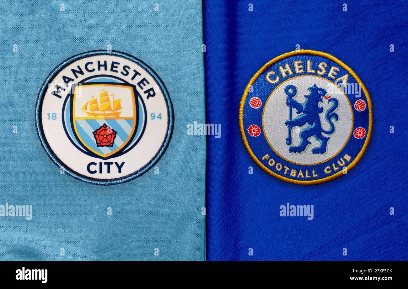 Porto, Portugal. 26 mai 2021. Manchester City vs Chelsea FC Jerseys. Concept : la finale de la Ligue des champions de l'UEFA se déroulera à Porto, au Portugal. Banque D'Images