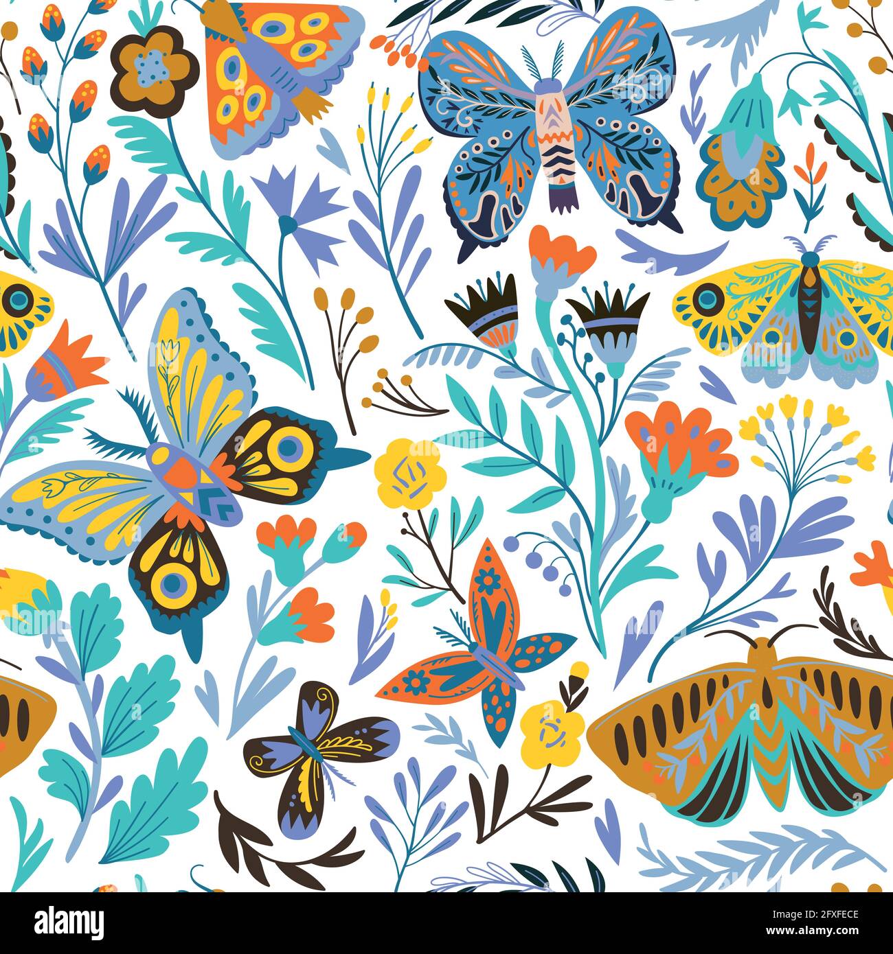 Motif élégant sans couture avec fleurs abstraites décoratives, papillons et papillons dans le style des papillons. Illustration vectorielle. Illustration de Vecteur