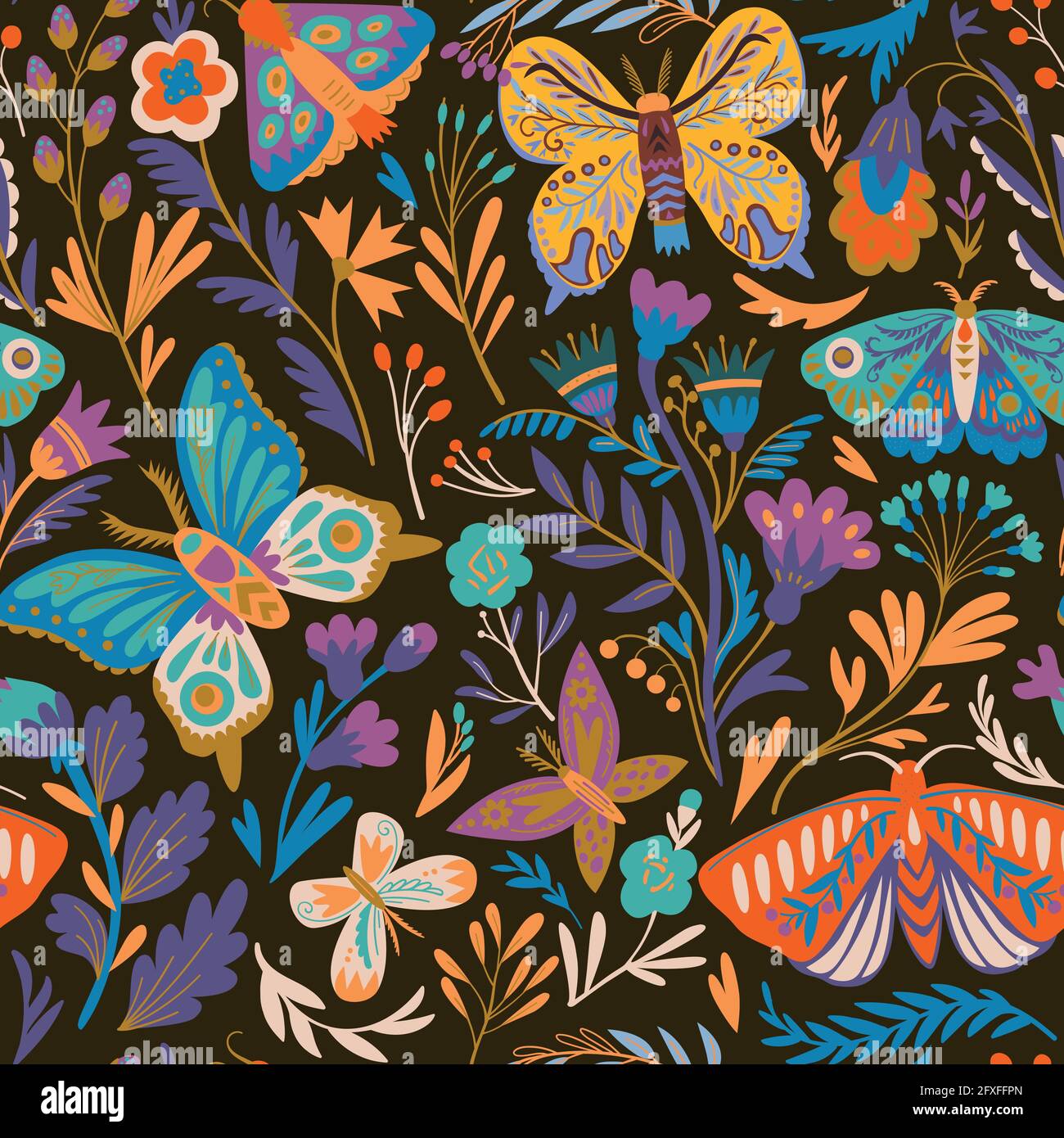 Motif élégant sans couture avec fleurs abstraites décoratives, papillons et papillons dans le style des papillons. Illustration vectorielle. Illustration de Vecteur