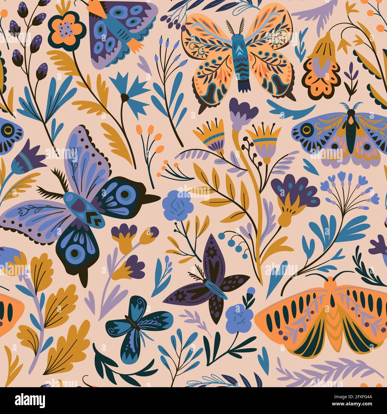Motif élégant sans couture avec fleurs abstraites décoratives, papillons et papillons dans le style des papillons. Illustration vectorielle. Illustration de Vecteur