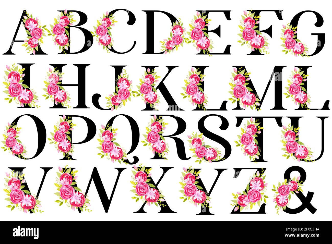 Alphabet floral. Lettres noires rouge rose fleurs pour les invitations