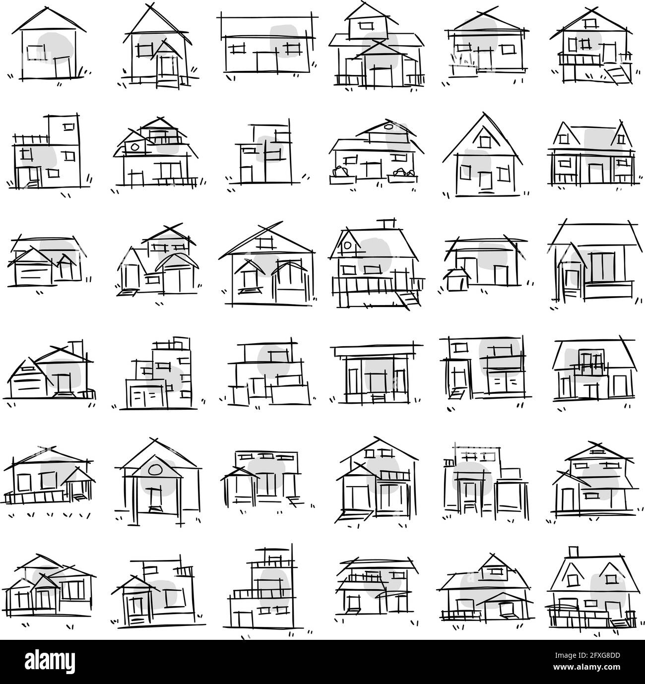 Icône maison ensemble de dessin au trait brut en style dessiné à la main, point, noir Illustration de Vecteur