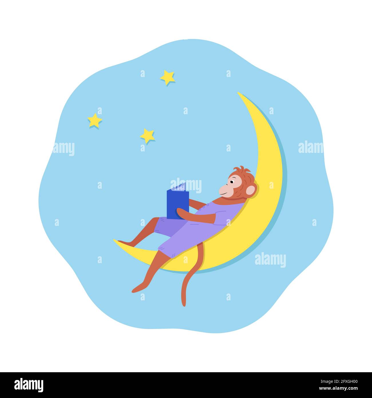 Un singe de dessin animé est assis sur la lune et lit un livre. Concept bonne nuit, une histoire de coucher. Illustration vectorielle Banque D'Images Un singe de dessin animé est assis sur la lune et lit un livre. Concept bonne nuit, une histoire de coucher. Illustration vectorielle Banque D'Images