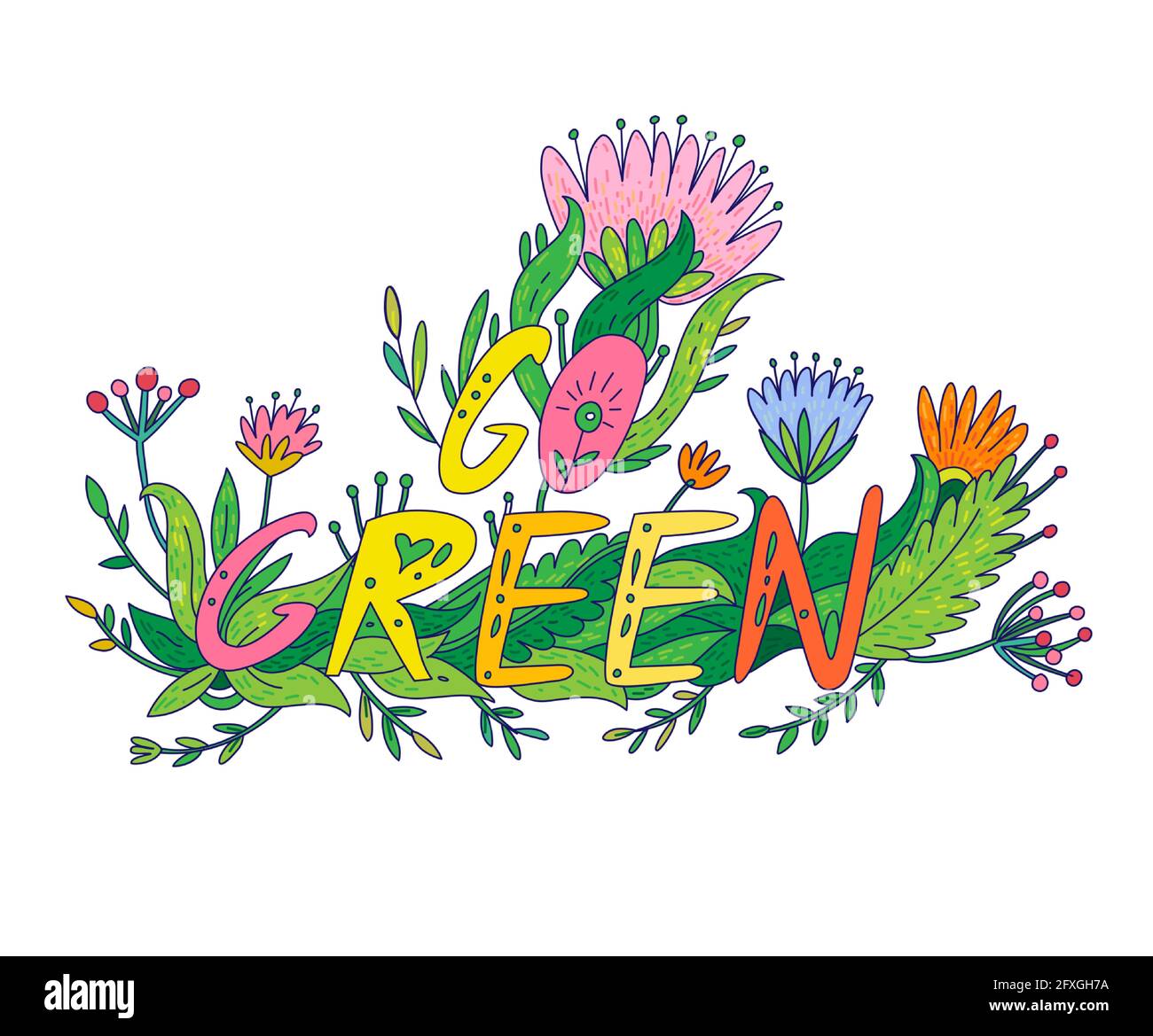 Inscription concept vert Go, inscription florale dessinée à la main dans le style de dessin animé Doodle. Illustration vectorielle concept de mode de vie écologique. Bon pour sticker, pri Illustration de Vecteur