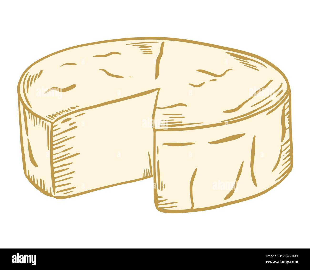 Tête ronde de fromage à pâte dure, vecteur. Produits laitiers, production et vente. Dessin à la main. Morceau de fromage jaune de couleur. Illustration de Vecteur