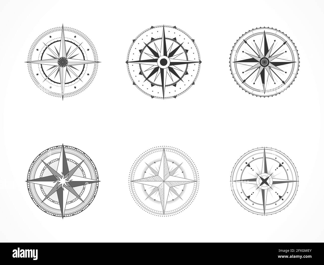 Ensemble vectoriel de boussoles vintage ou de roses de vent marin. Collection dans le style des dessins au trait. Ligne noire. Isolé sur fond blanc. Illustration de Vecteur