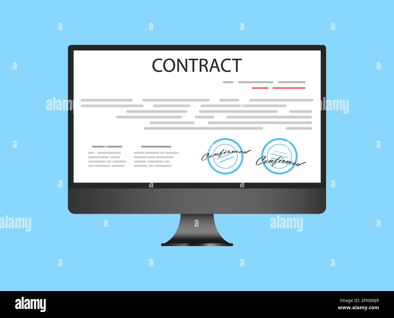 Concept de contrat électronique ou de signature numérique dans l'illustration vectorielle. Signature de document e-contrat en ligne via un ordinateur de bureau. Mise en page de site Web ou de page Web Illustration de Vecteur