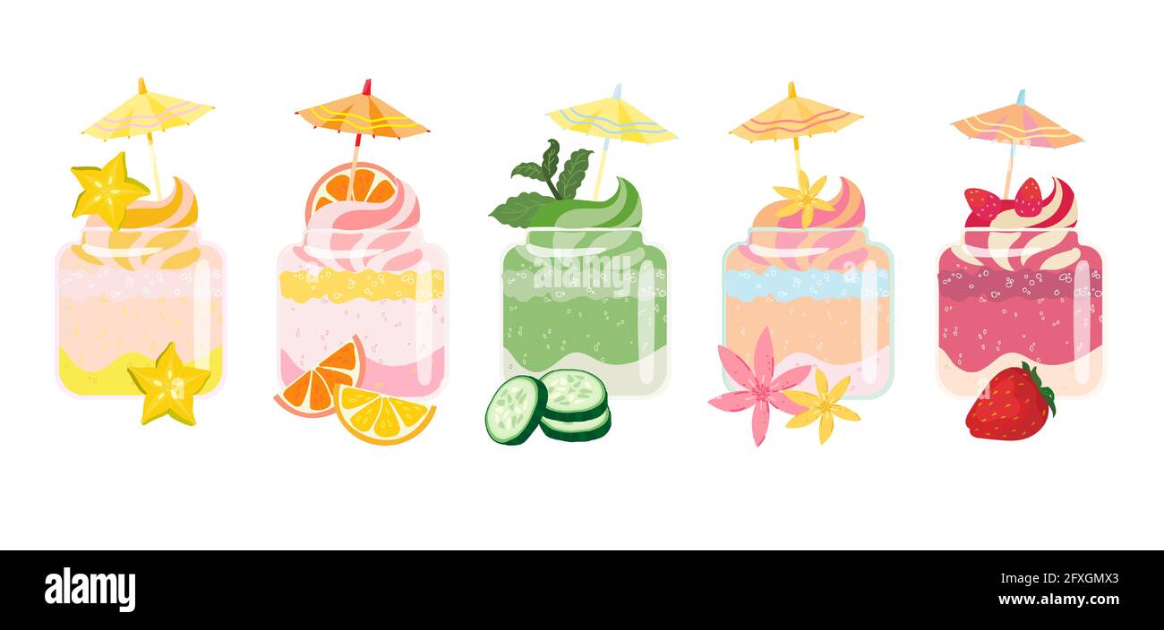 Ensemble de desserts d'été smoothies avec dessus de parasol. Doux, légumes, vert, baies et agrumes. Smoothie sain et joyeux, coloré. Vecteur Illustration de Vecteur
